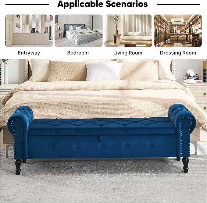Storage Bench for Bedroom, Velvet 67" End of Bed Bench, King Size Bench - Image 6
