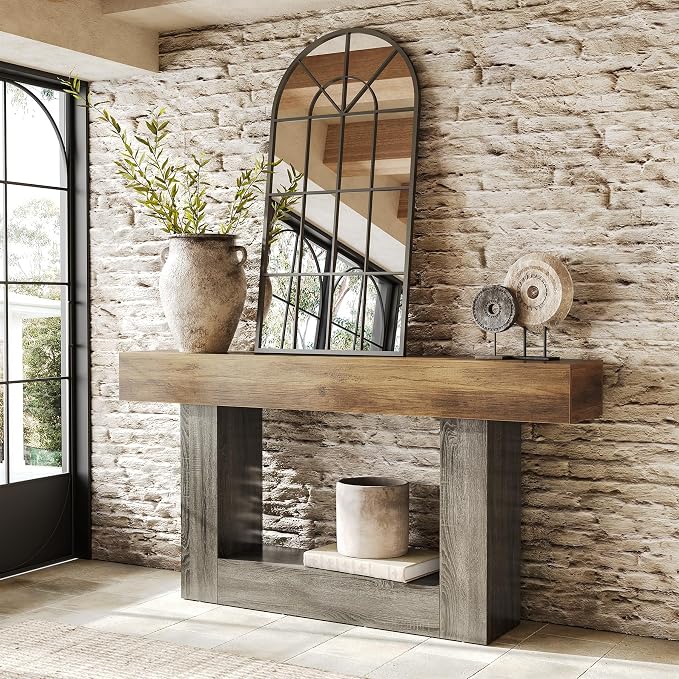 LITTLE TREE 63 Inches Long Console Table, 2-Tier Farmhouse Sofa Table Behind - Image 3