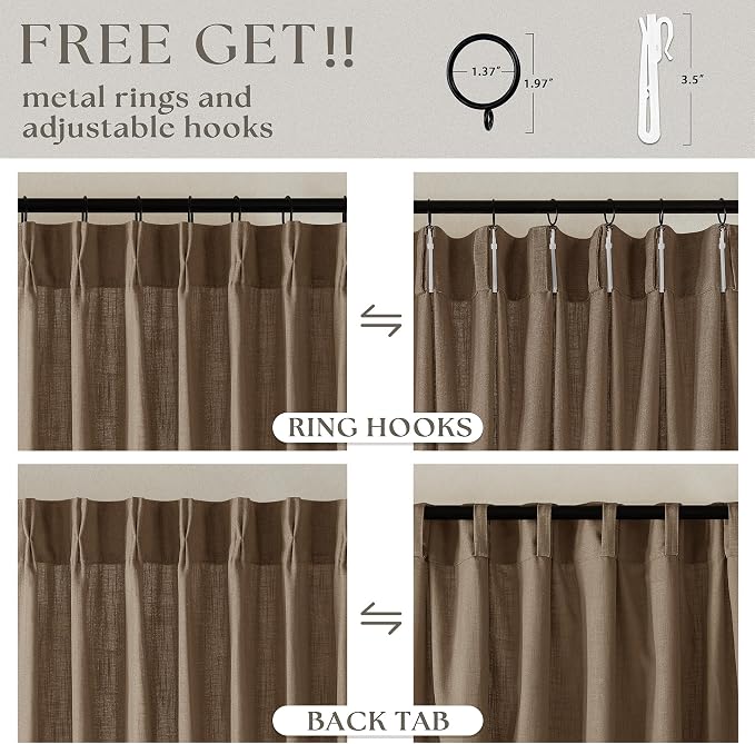 92 Inch Memory Shaped Light Filtering Linen Pleat Brown Window Curtains | Dutch - Image 4