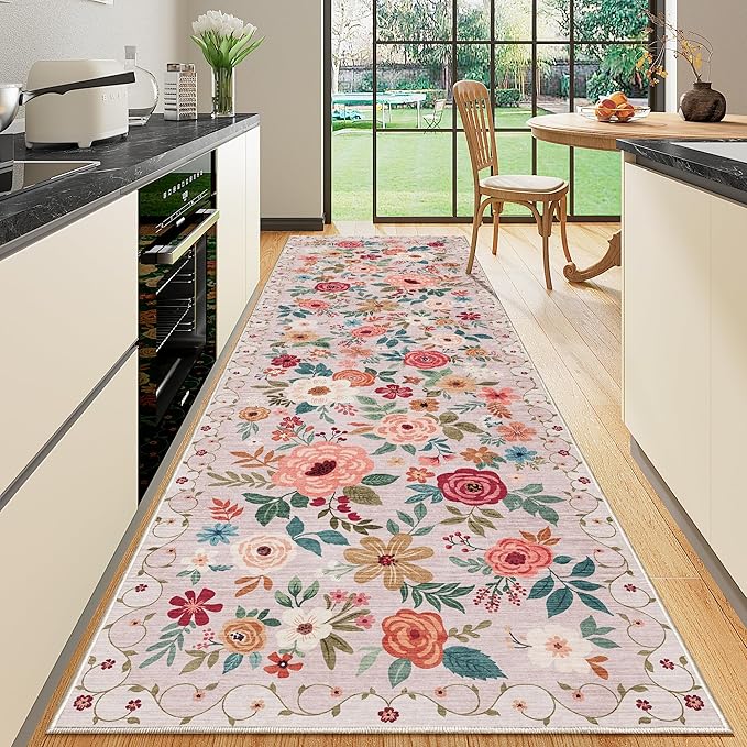 DUKINO 2x10 Runner Rug, Floral Washable Kitchen Runner Rug Non Slip, Low Pile by DUKINO