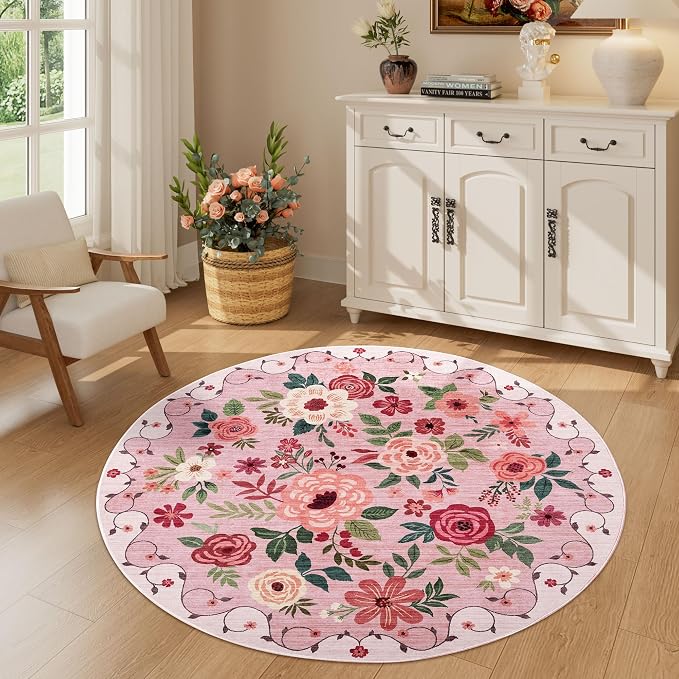 DUKINO 4ft Round Rug, Floral Washable Small Round Area Rug Non Slip, Low Pile by DUKINO