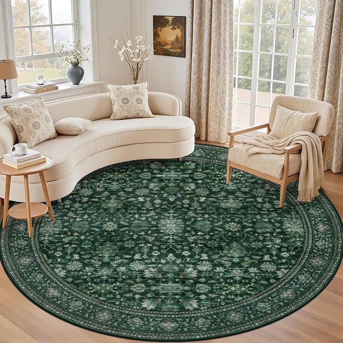 Round Area Rug for Living Room: 6ft Boho Washable Rug Deep Green | Vintage Boho by EXPEDIX