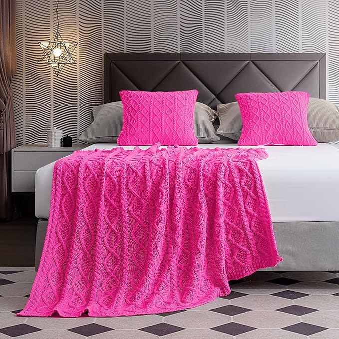 Homiest Hot Pink Cable Knit Throw Blanket Set of 3, Soft & Cozy Acrylic Blanket - Image 5