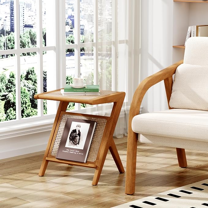 Aklaus Rattan Side Table Boho Small end Table mid Century Living Room Wooden - Image 3