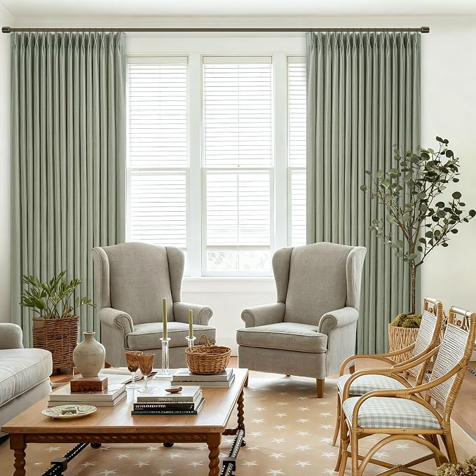 Thick Linen Pinch Pleat Sage Green Light Filtering Curtains 102 Inches Long | - Image 8