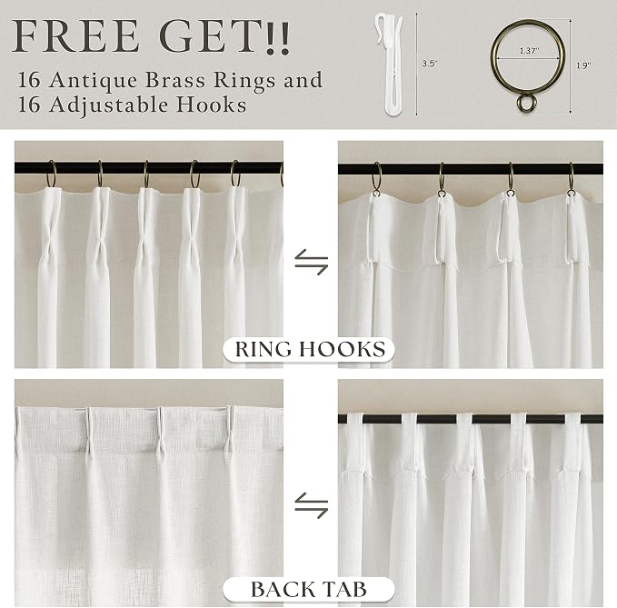 Beige White Pinch Pleated 96 Inch Memory Shaped Linen Blend Curtains 50x96 | - Image 5