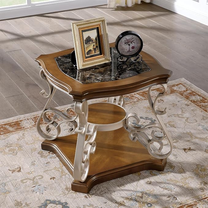 26.2'' 2-Tier Square End Table Marble Paper Top Coffee Table - Image 5