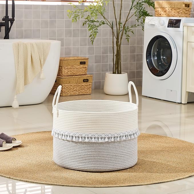 KAKAMAY Cotton Rope Storage Basket, Woven Hamper - Image 6