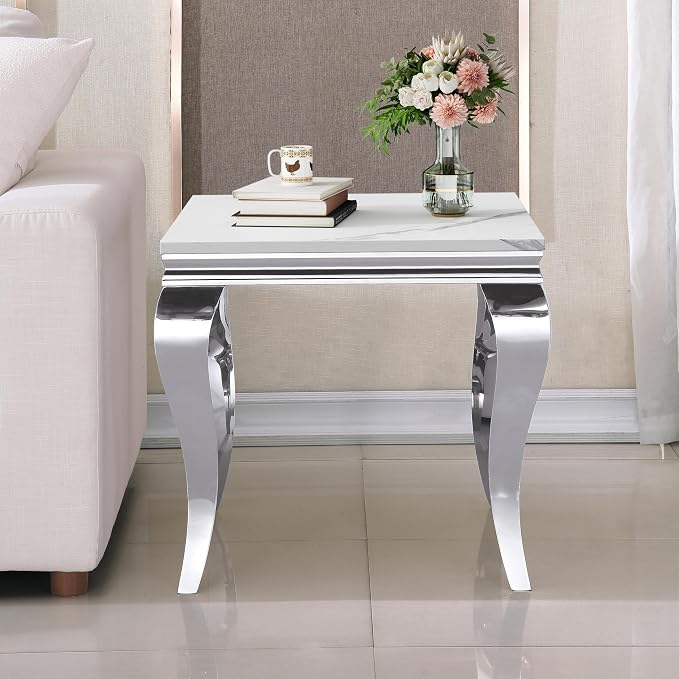 Henf Marble End Table Modern White Faux Marble Sofa Side Table - Image 3