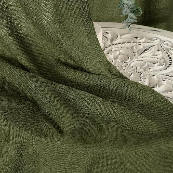 YoungsTex Olive Green Linen Semi Sheer Curtains 80 Inch Length 2 Panels | Light - Image 9