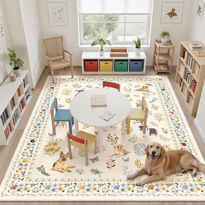 Soalmost Dog 8x10 Area Rugs for Living Room, Washable Animal Soft Rug Beige | - Image 2
