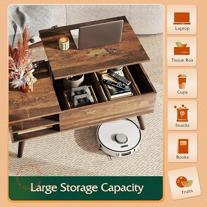 WLIVE Coffee Table with Lifting Top, Hidden Storage & Adjustable Shelf - Image 5