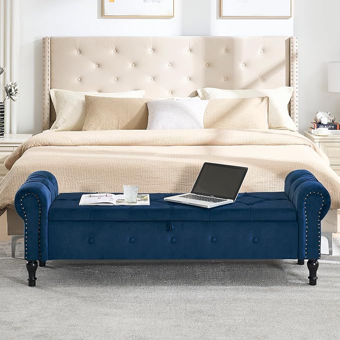 Storage Bench for Bedroom, Velvet 67" End of Bed Bench, King Size Bench - Image 3