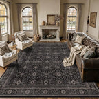 Schweek 10x14 Washable Area Rug Black Neutral Vintage Distressed Dark Rugs | by Schweek