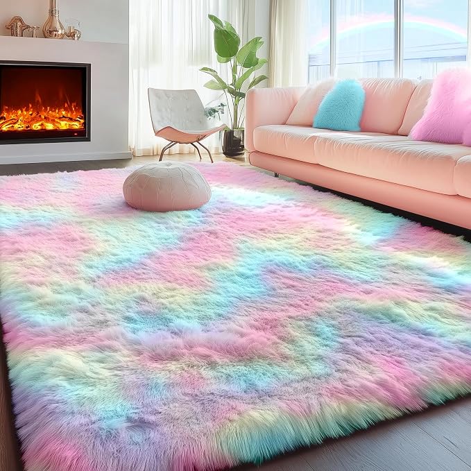 Fluffy Vibrant Area Rugs for Girls Bedroom, Plush Shaggy Colorful Rugs for Kids by PAGISOFE