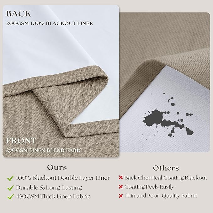 Deep Flax Linen Pinch Pleated 100% Blackout 92 Inch Curtains 2 Panels | Greige - Image 5