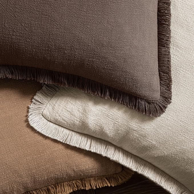 MIULEE Boho Linen Fringe Decorative Fall Pillow Covers Reddish Brown 12x20 | - Image 4
