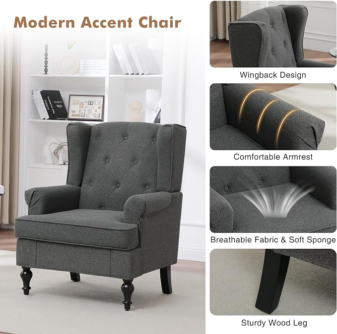 Accent Chair Set of 2, Mid Century Modern Fabric Wingback Chair, Upholstered - Image 5