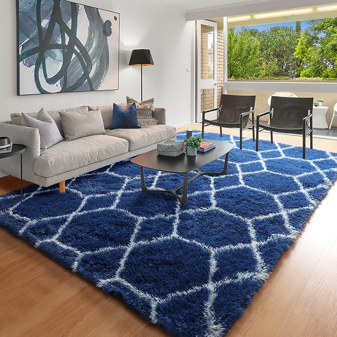 8x10 Area Rugs for Living Room, Fluffy Navy and White Rug for Boys Bedroom | - Image 9