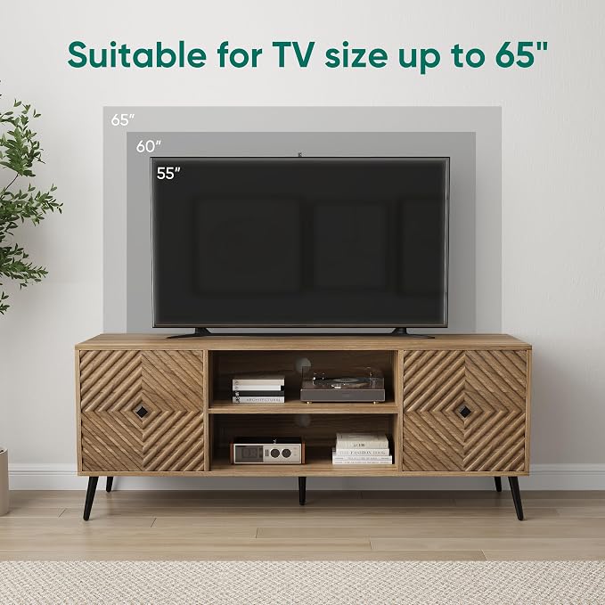 Smuxee Walnut TV Stand with Fluted Diamond Doors, 55.12" Mid Century Modern TV - Image 2