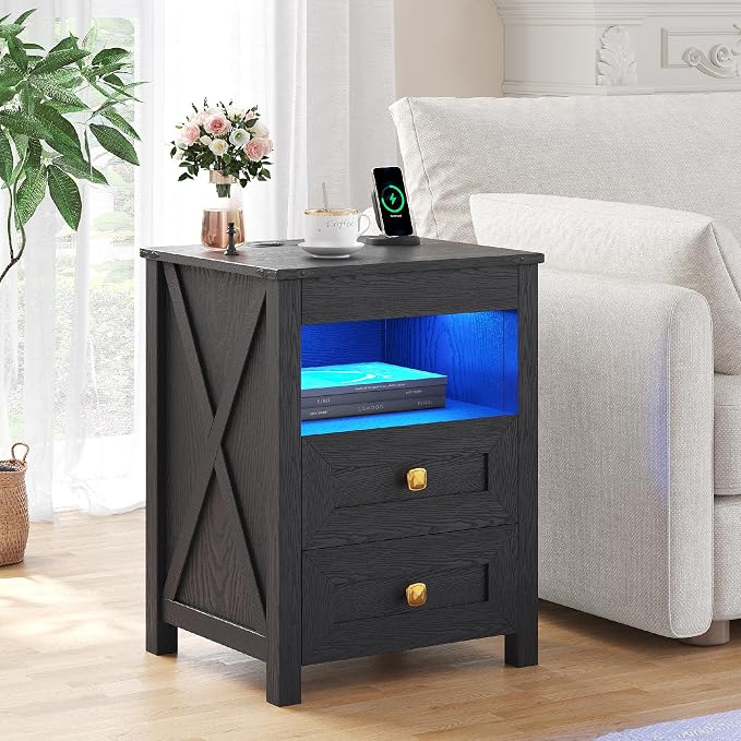 HWB LED Nightstand with Gun Drawer: Bedside Table with Charging Station by HWBEnjoywarmhome