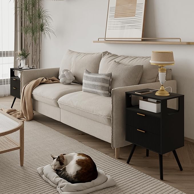 JOONEE Black Nightstand with Charging Station and LED Lights, Modern Bedside - Image 3