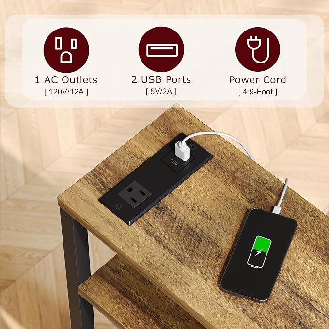 Narrow Side Table with Charging Station Slim End Table Sofa with Magazine Rack - Image 4