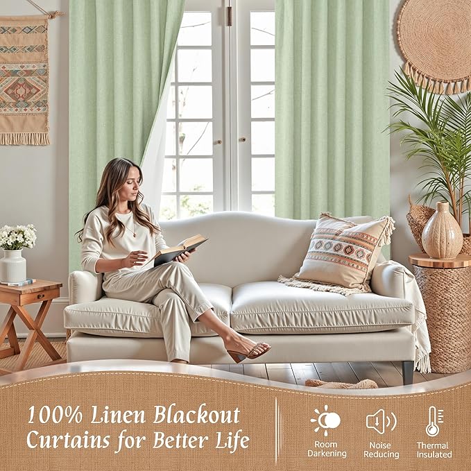Light Green 100% Blackout Linen Curtains - Image 2