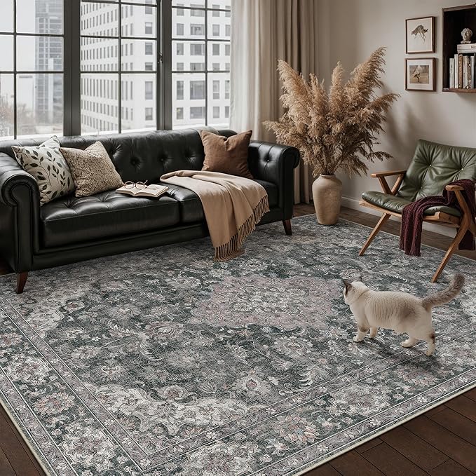 8x10 Black Grey Retro Floral Washable Area Rug - Image 3