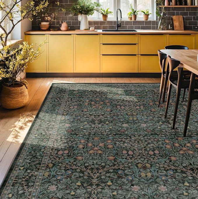 Vintage Dark Green Living Room Rug, 7x10 Washable Area Rugs - Image 4