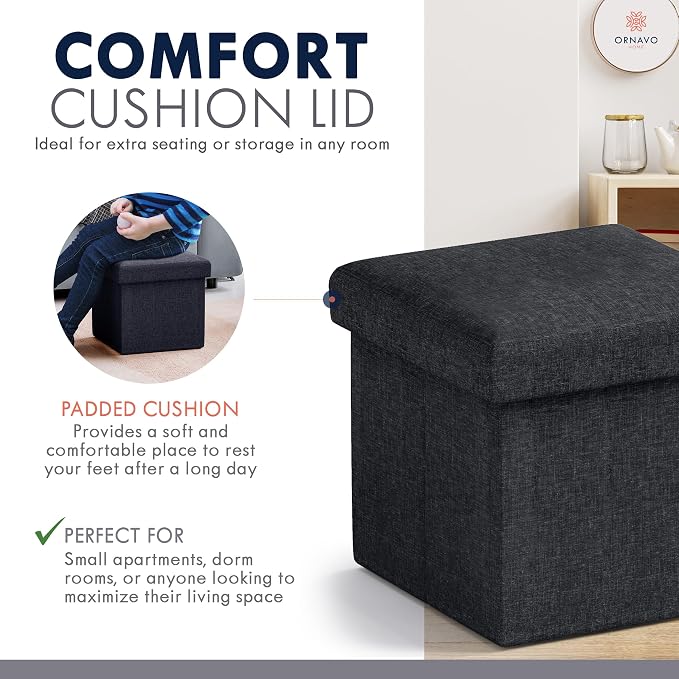 Ornavo Home Small Storage Ottoman Foldable Collapsible Cube Square Linen - Image 6