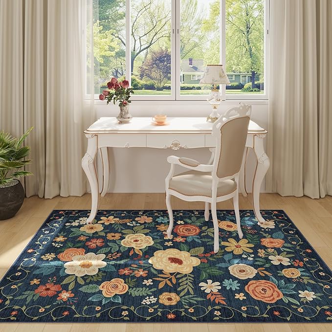 DUKINO 4x6 Area Rug, Floral Washable Office Chair Rug Non Slip, Stain Resistant - Image 3
