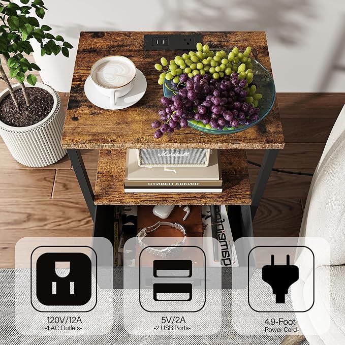 TUTOTAK End Table with Charging Station, Side Table with 2 USB Ports and Outlets - Image 6