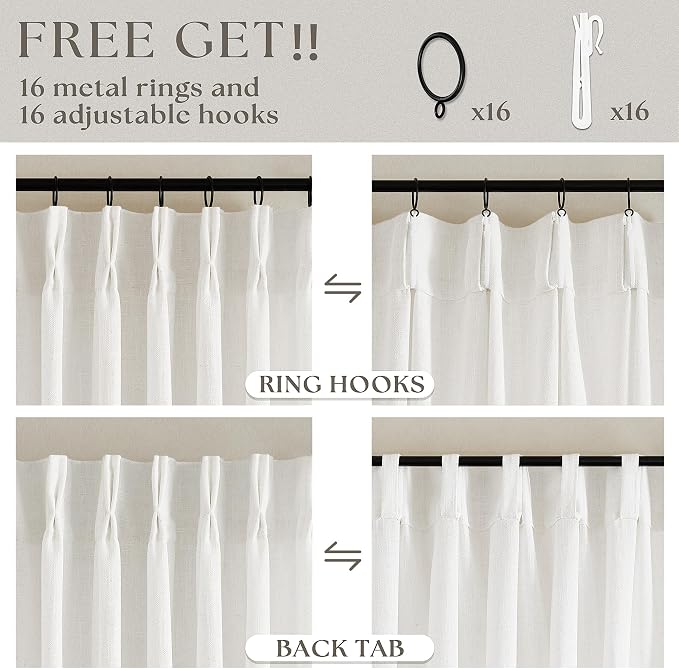 Beige White Pinch Pleat Linen Kitchen Curtains 45 Inches Long 2 Panels Set | - Image 5