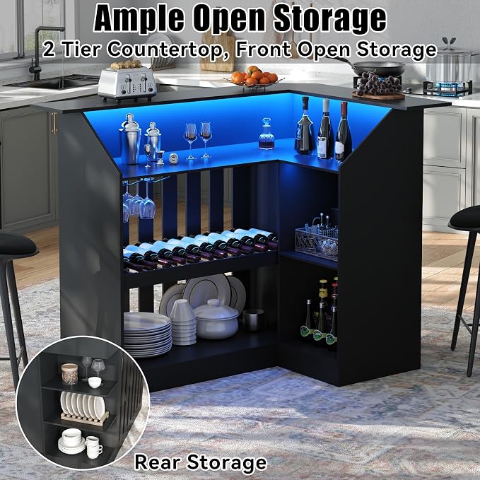 L Shaped Bar Table with LED Light, 4-Tier Corner Wine Bar Cabinet with Stemware - Image 8