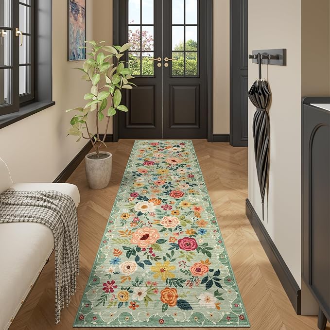 DUKINO 2.6x12 Kitchen Runner Rug, Floral Non Slip Long Washable Rug, Stain - Image 6