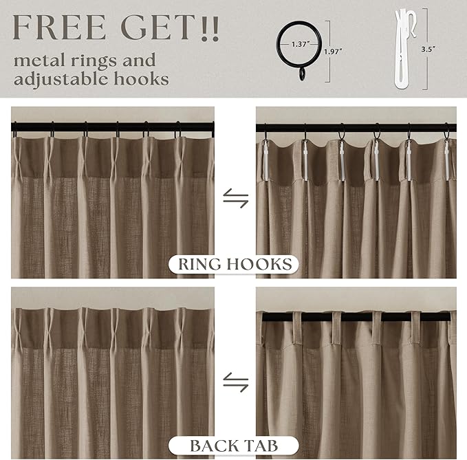 Light Filtering Flax Linen Pleat Living Room Curtains Latte 108 Inch Length | - Image 5