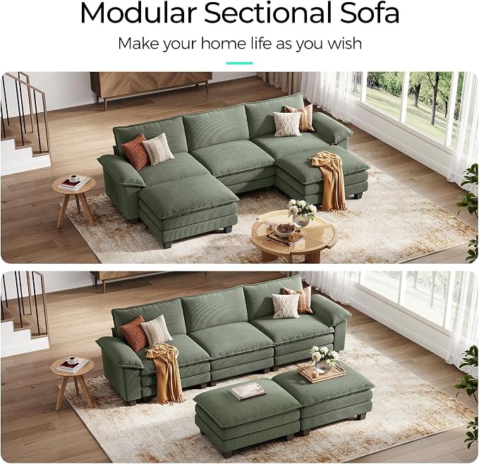 LINSY HOME 123" Modular U-Shaped Sectional Sofa, 3-Seat Corduroy Modern Cloud - Image 6