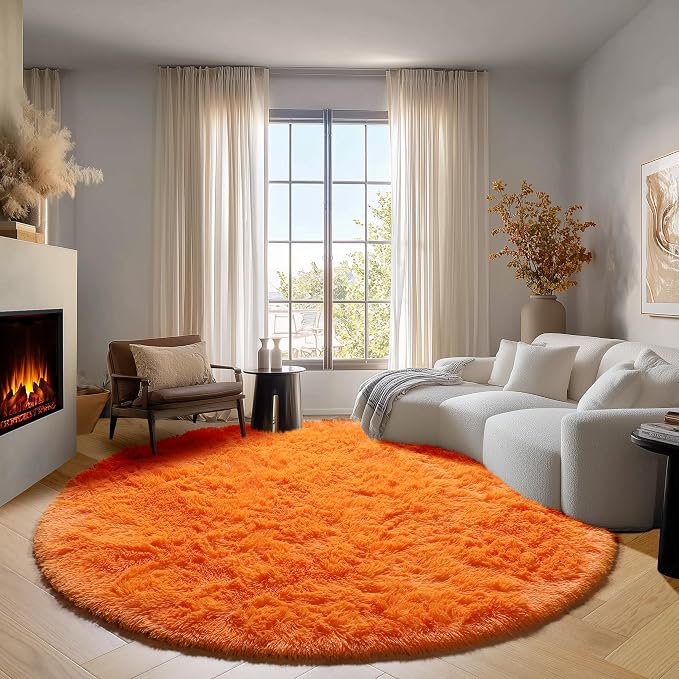 Orange Round Area Rugs 4ft for Bedroom Living Room, Fluffy Circle Rug for Kids - Image 4