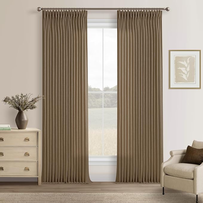 Dark Brown Pinch Pleat Semi Sheer Memory Shaped Flax Linen Curtains 50Wx92L | by Twodrapes