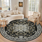 Round Area Rug for Living Room: 4ft Boho Washable Rug Black Gold | Vintage Boho by EXPEDIX