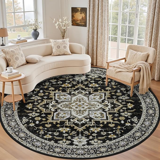 Round Area Rug for Living Room: 8ft Boho Washable Rug Black Gold | Vintage Boho by EXPEDIX