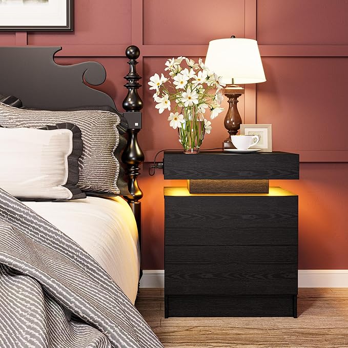 LIKIMIO Night Stand with Charging Station, Modern Black Nightstand with LED - Image 3