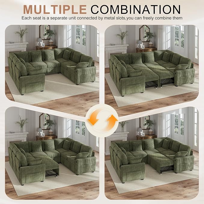 Hanherry Sectional Sofa with Pull Out Couch Bed, Corduroy Sleeper Sofa with 2 - Image 6