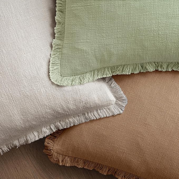 MIULEE Boho Linen Fringe Decorative Throw Pillow Covers Sage Green 18x18 | Set - Image 4