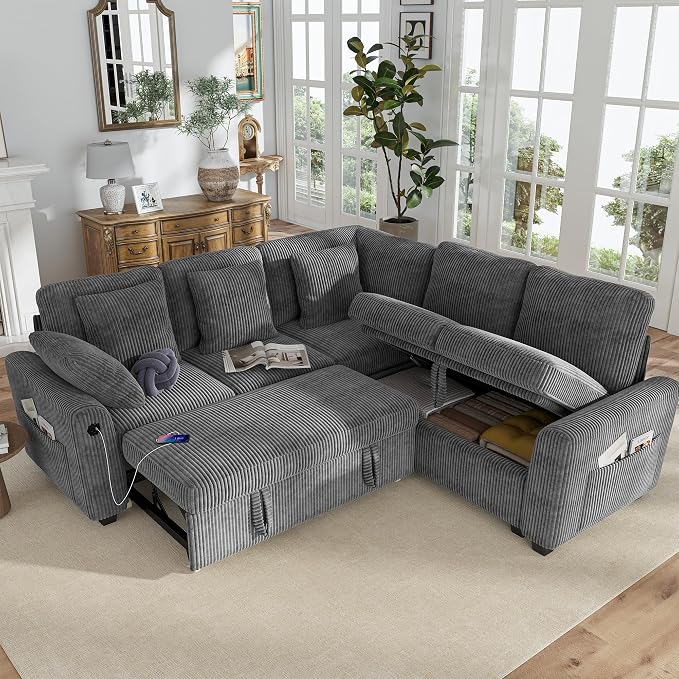 Hanherry Sectional Couch with Pull Out Sofa Bed, Corduroy Sleeper Sofa with 2 by Hanherry
