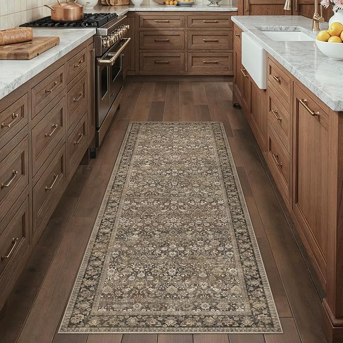 2x6 Washable Runner Rug for Hallway | Brown Vintage Floral, Thick Mid Pile - Image 3