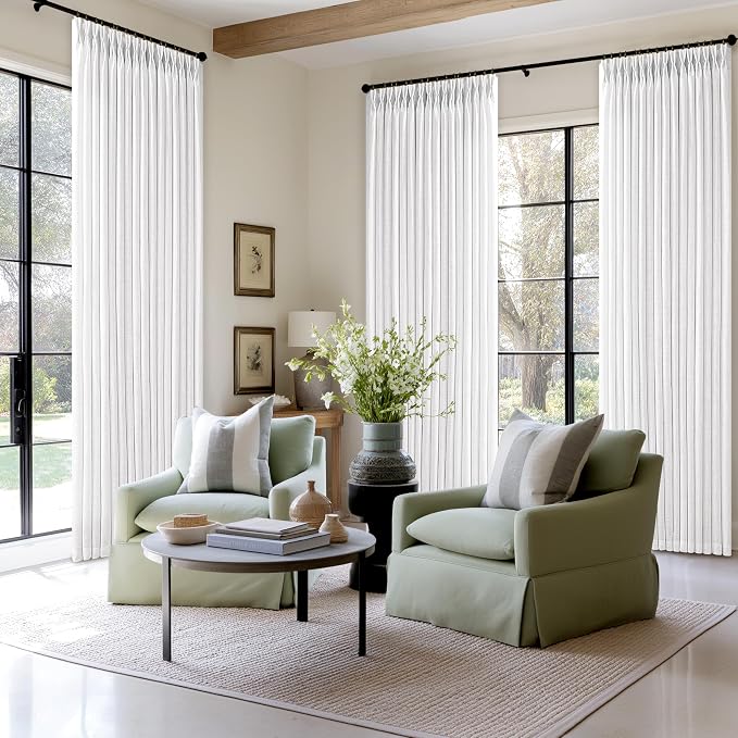 White Thick Linen Pinch Pleated Semi Sheer Curtains 132 Inches Long 2 Panel | - Image 7