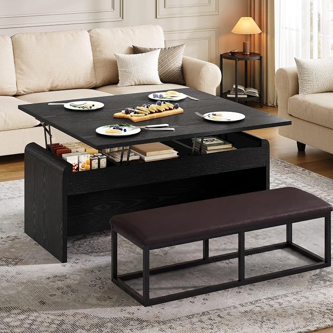 Lift Top Coffee Table with Bench, 4-in-1 Multi-Function Coffe Table w/Curved by Homiflex