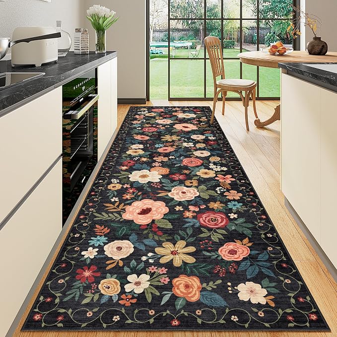 DUKINO 3x10 Runner Rug, Floral Washable Kitchen Runner Rug Non Slip, Low Pile by DUKINO